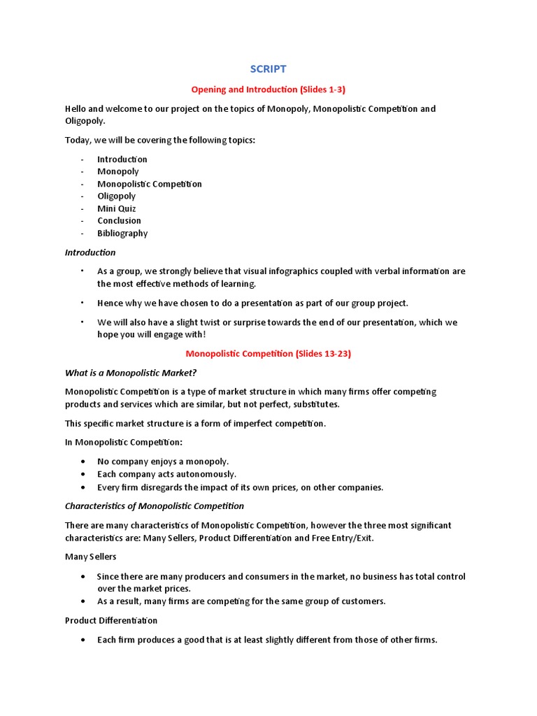 Economics Project Script Monopolistic Competition PDF Monopoly