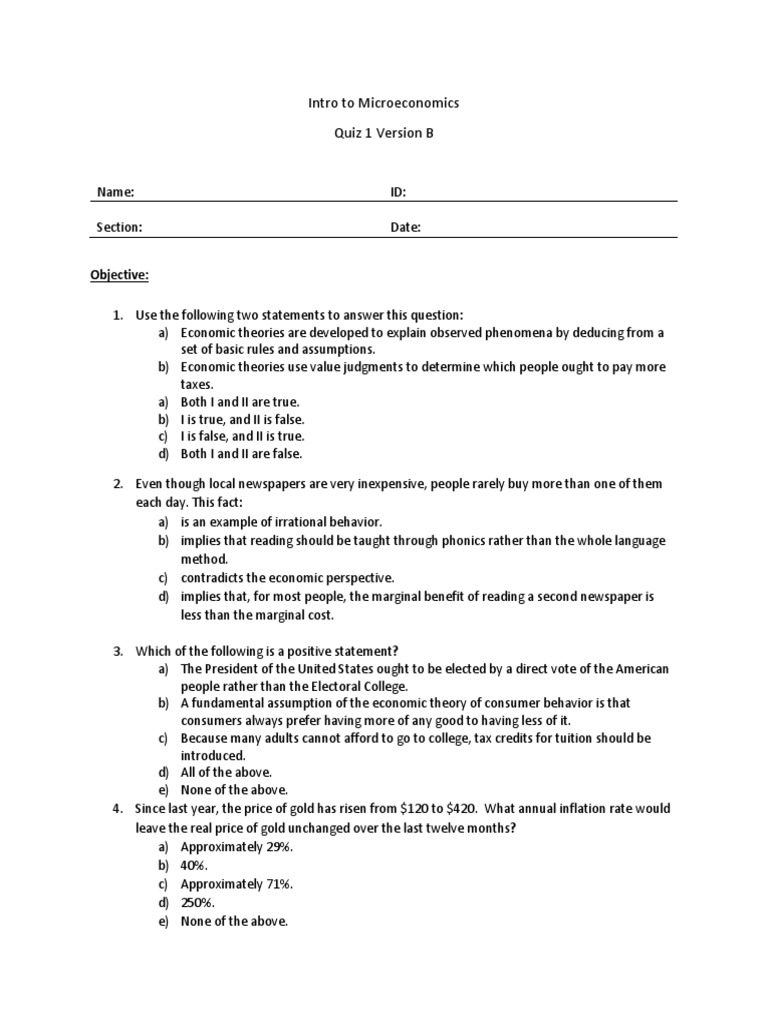 Microeconomics Quiz 1 Version B | PDF | Economics | Labour Economics
