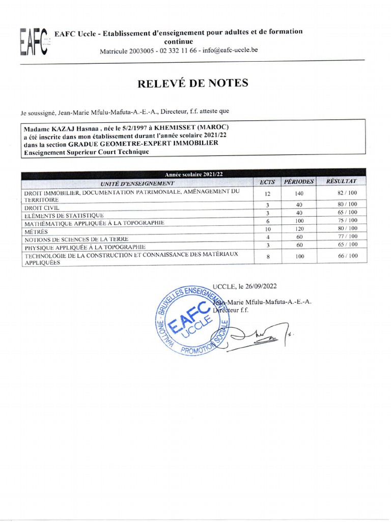 Relevé de Notes | PDF