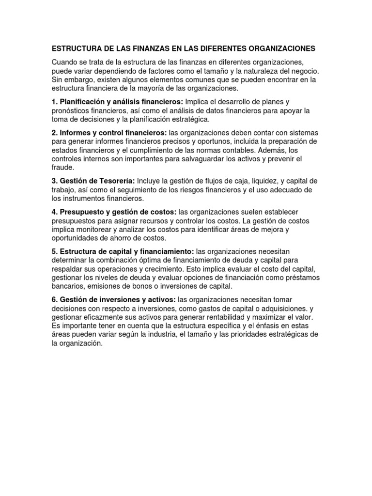 Estructura de Las Finanzas en Las Diferentes Organizaciones | PDF