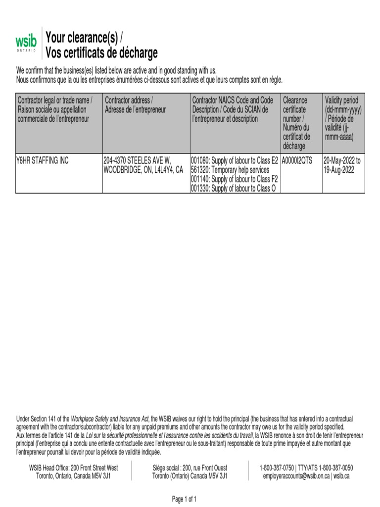 Certificat de décharge WSIB Ontario | PDF