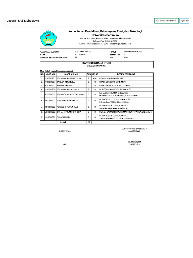 Kartu Rencana Studi Ifa Zakia Syam | PDF