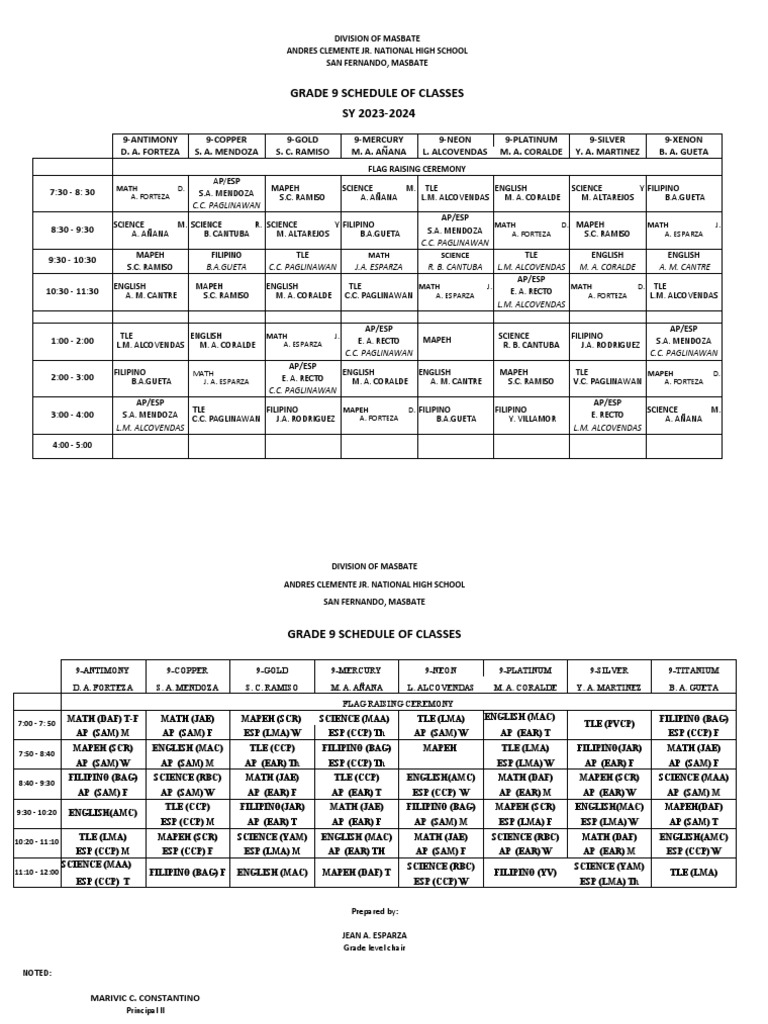 Schedule of Classes Editable PDF