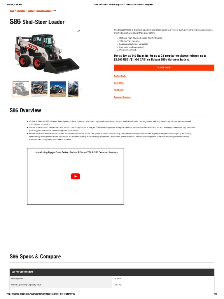 S86 Skid-Steer Loader (Specs & Features) - Bobcat Company | PDF ...