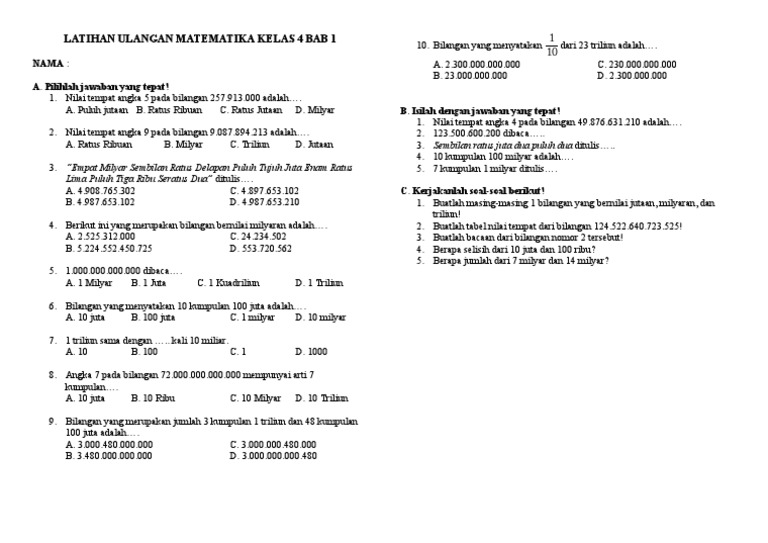Latihan Ulangan Matematika Kelas 4 Bab 1 | PDF | Metode & Bahan Ajar ...