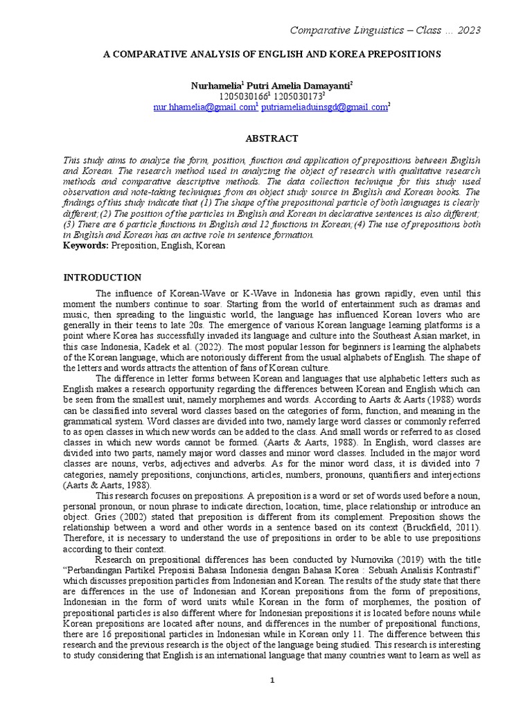 A Comparative Analysis of English and Korea Prepositions | PDF | Part ...