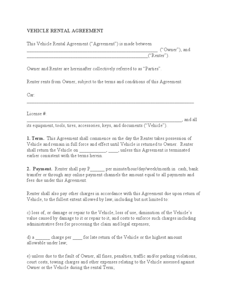 Vehicle Rental Agreement Template | PDF | Law