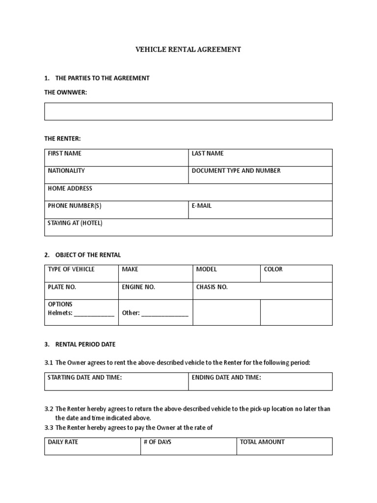 Vehicle Rental Agreement Template | PDF | Renting | Private Law