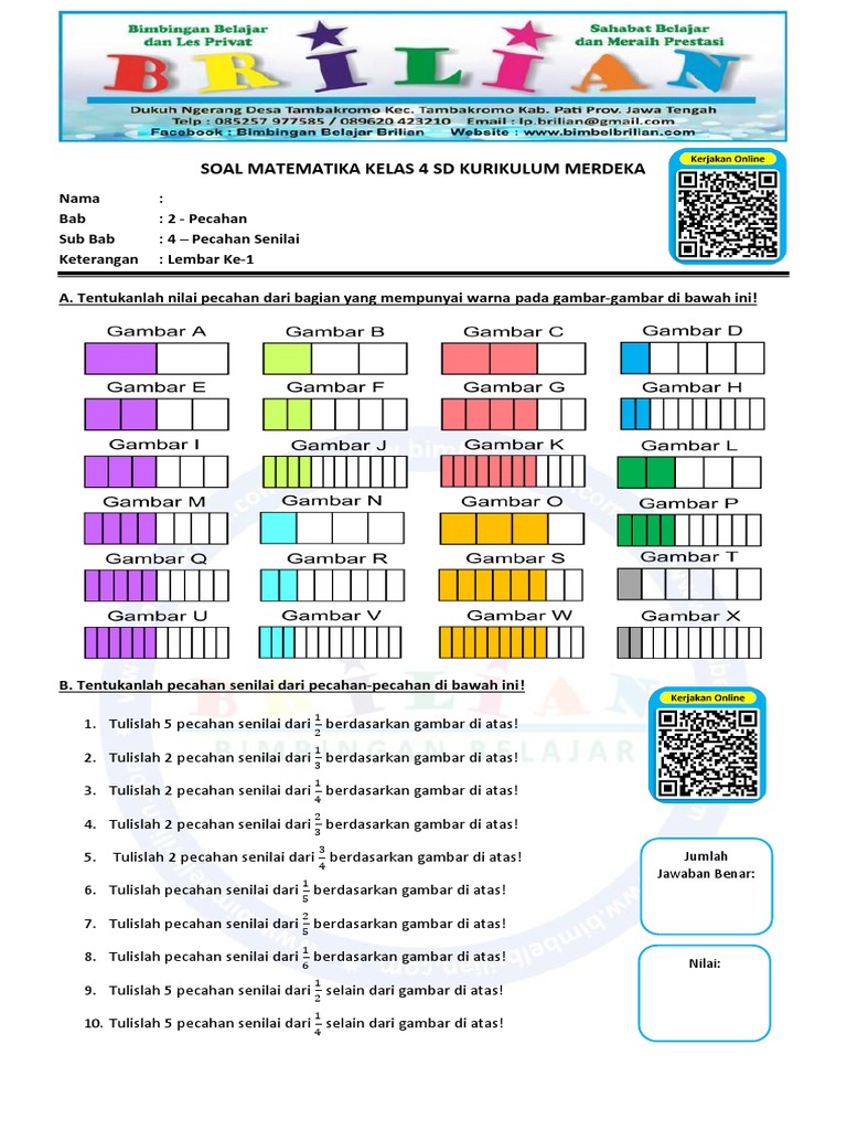 40 Soal Pecahan Senilai Kelas 4 SD Semester 1 Lengkap dengan Jawaban