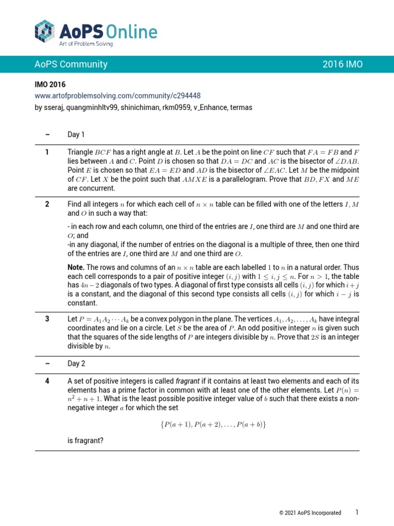 Aops Community 2016 Imo PDF