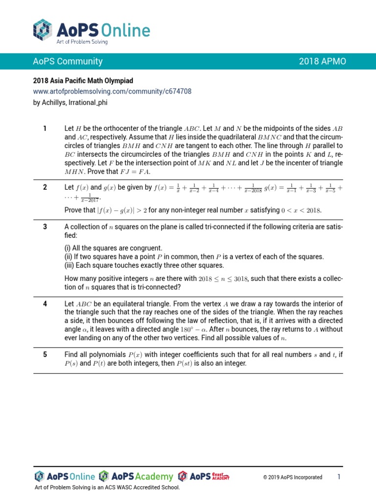 Aops community 2018 apmo 2018 asia pacific math olympiad pdf