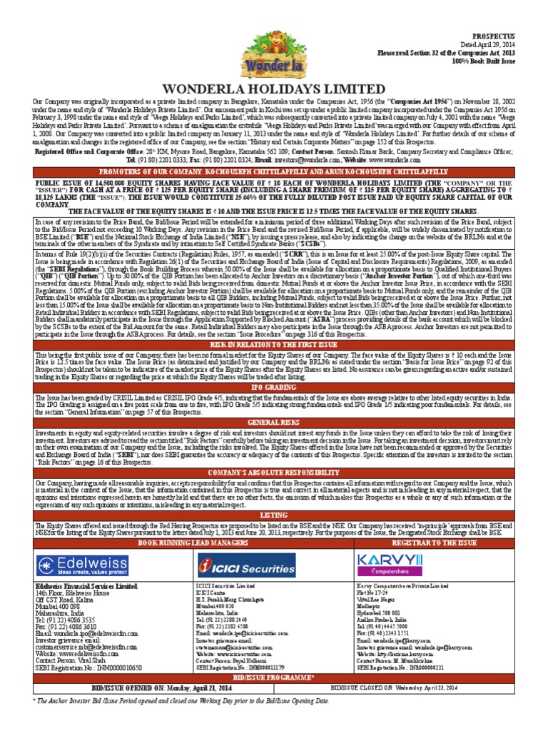 Wonderla holidays limited icici securities limited karvy computershare