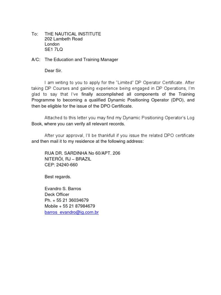 Application letter sample format for seaman apprenticeship