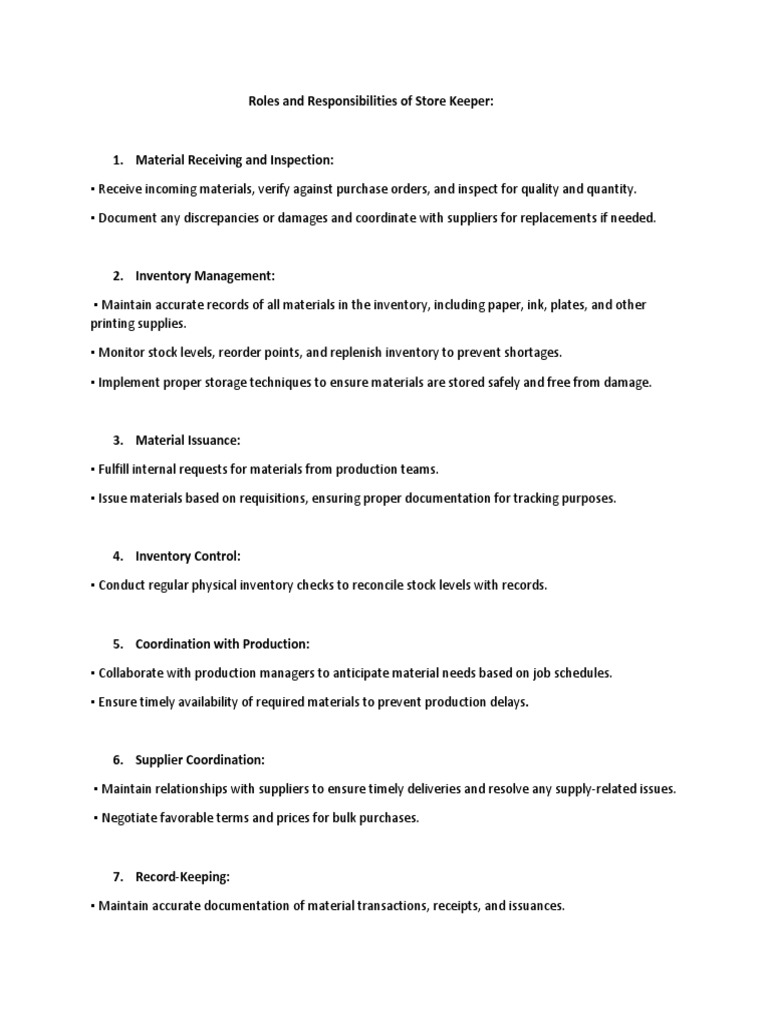 JD and Work Flow of STORE KEEPER PDF