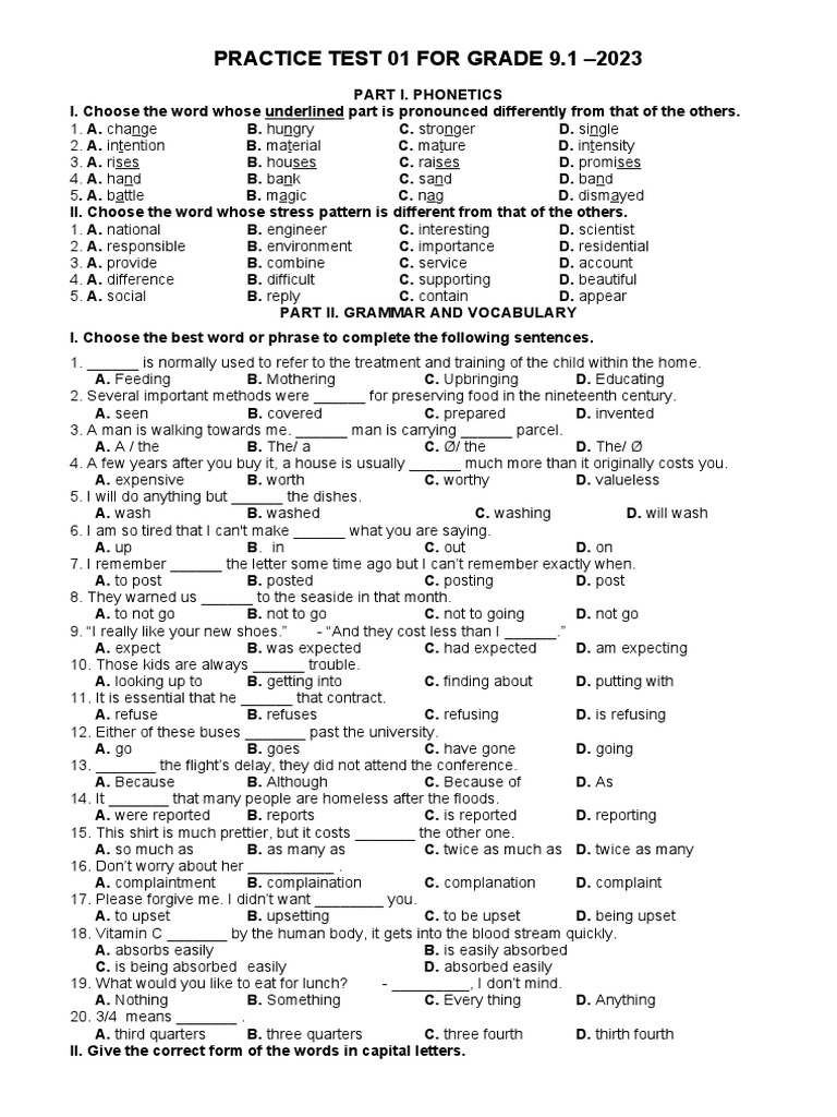 Practice Test 01 For Grade 9 Download Free Pdf Bat Literacy