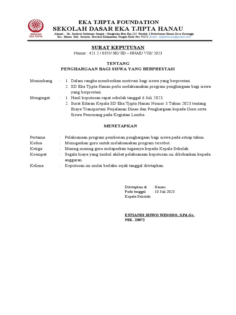 Sk Pemberian Penghargaan Siswa Pdf