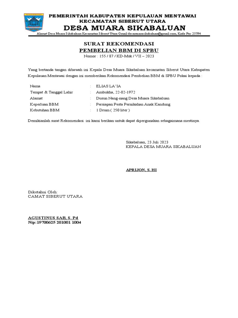 Surat Rekomendasi BBM | PDF