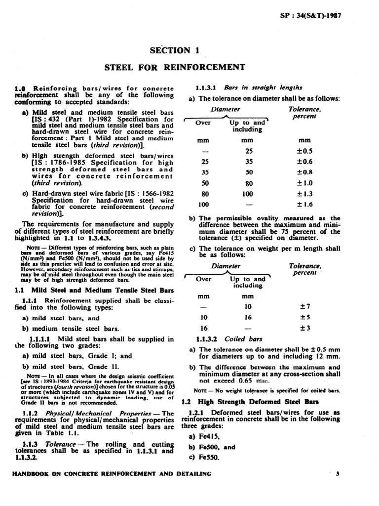 SP 34:1987 Steel Reinforcement Standards | PDF | Engineering Tolerance ...