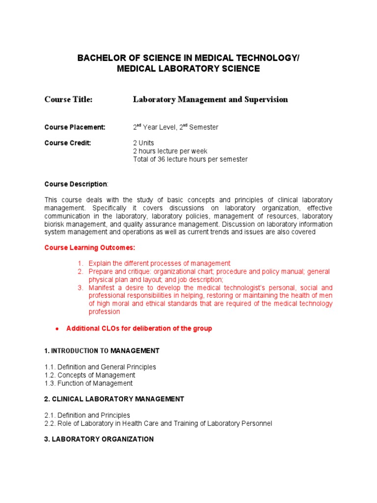 Course Outline Laboratory Management and Supervision PDF