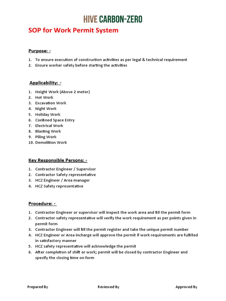 Work Permit SOP for Construction Safety | PDF