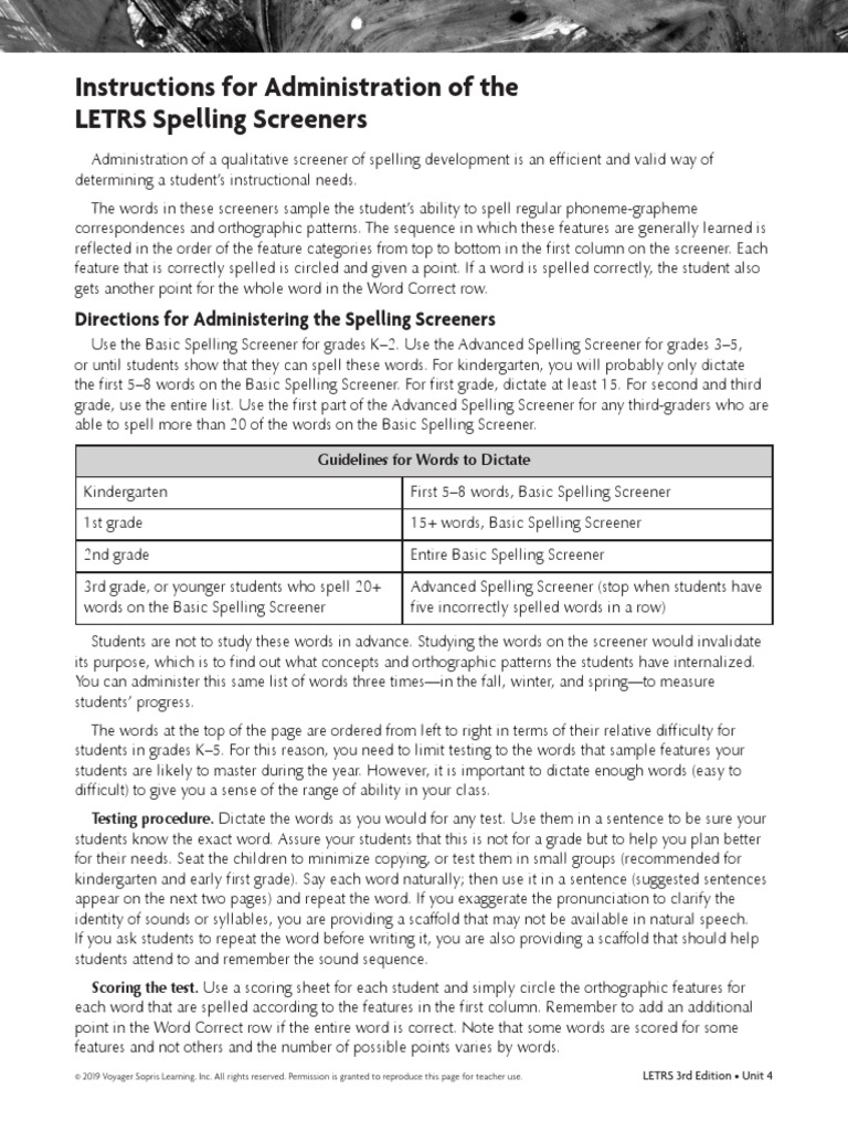 LETRS Spelling Screener PDF