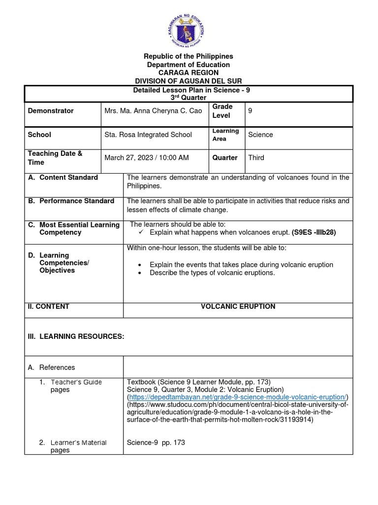 Volcanic Eruption Final Dlp Jhs Grade9 Pdf Types Of Volcanic