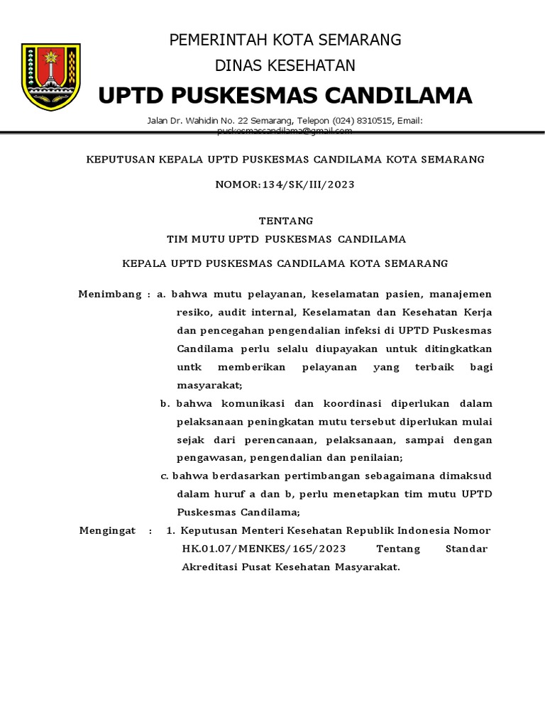 Tim Mutu Puskesmas Candilama Semarang | PDF