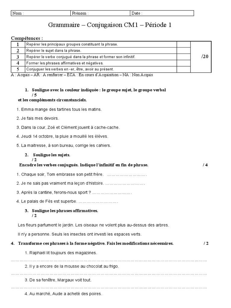 Évaluation Grammaire CM1 Période 1 | PDF