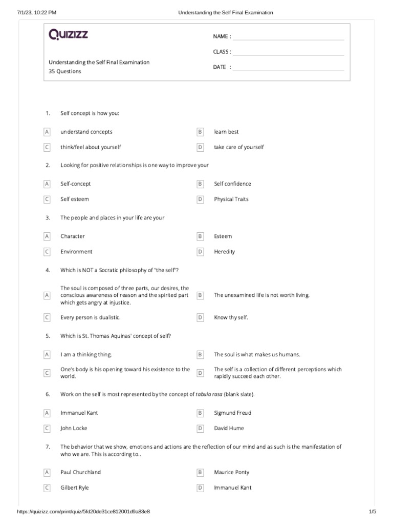 Understanding The Self Final Examination PDF Philosophy Of Self