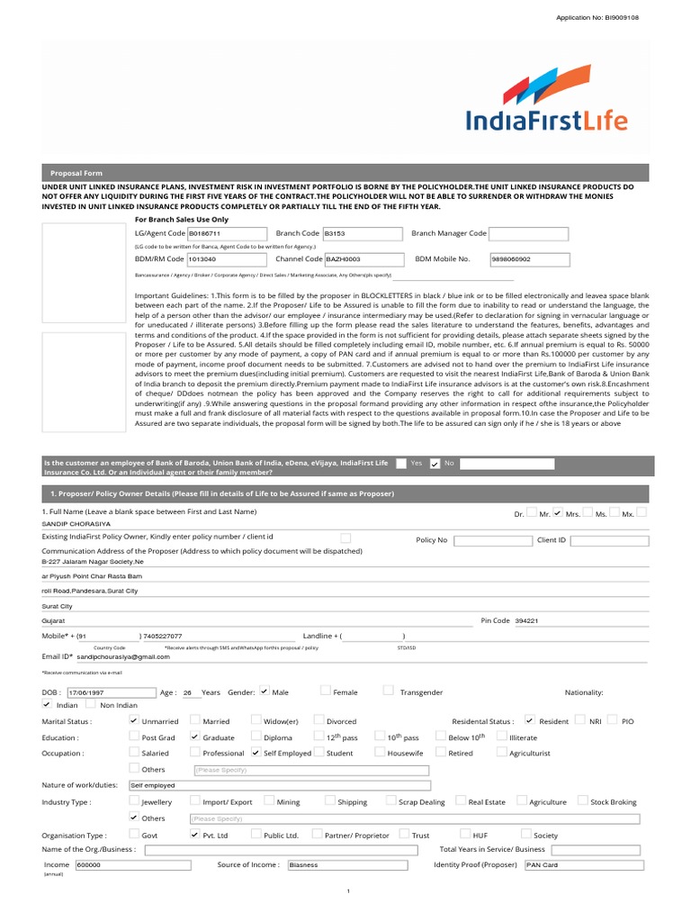 IndiaFirst Life Insurance Proposal Form | PDF | Insurance | Life Insurance