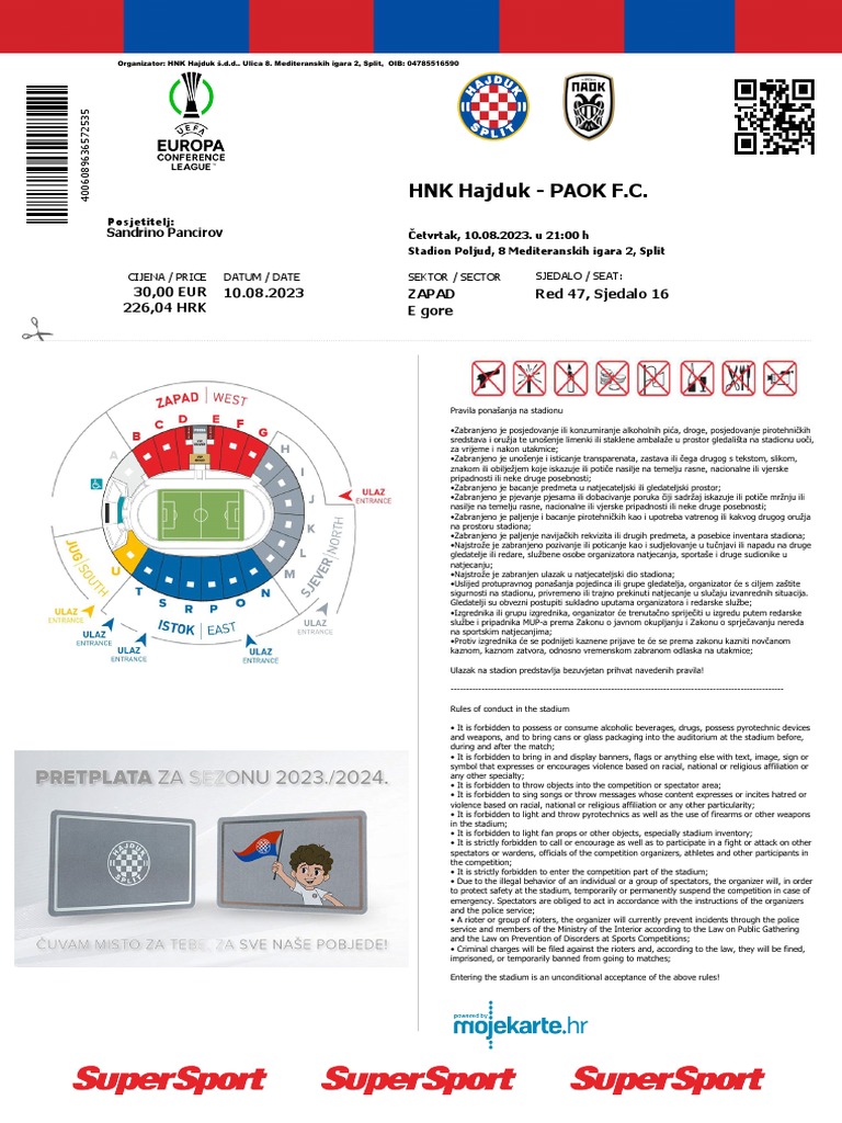 Tickets for HNK Hajduk - PAOK F.C., 10.08.2023 um 21:00 (de)