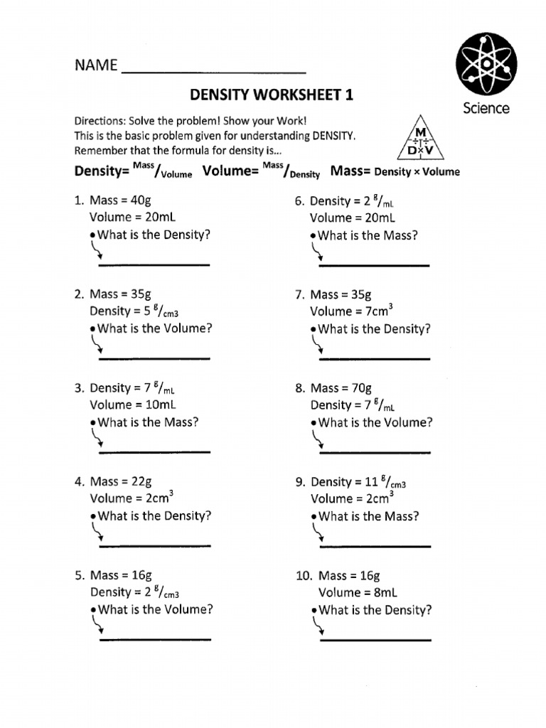 Density Worksheet 1 PDF Density Volume