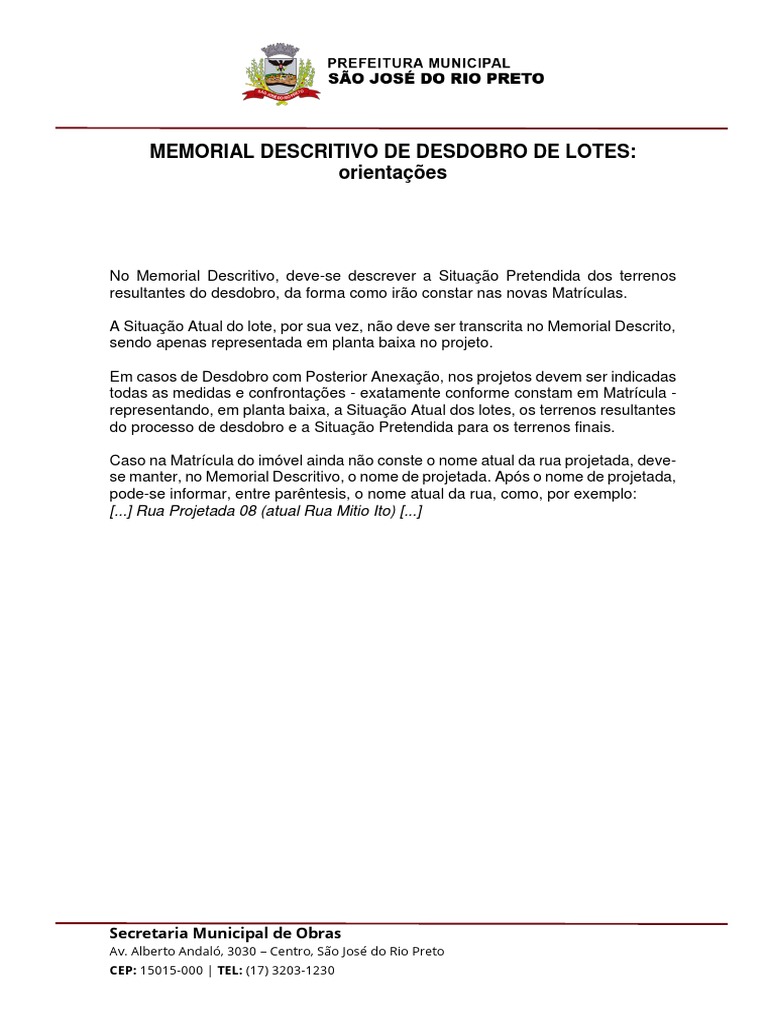 Memorial Descritivo para Desdobro de Lotes | PDF