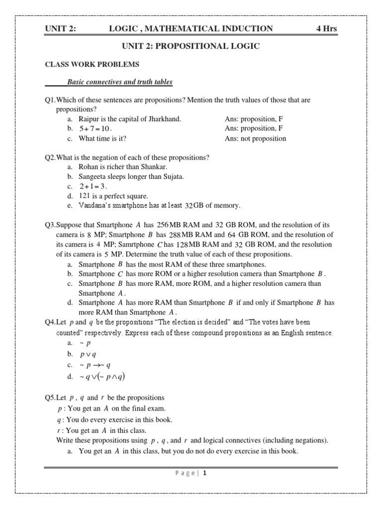 Unit 2 Logic and Mathematical Induction ClassWork PDF If And