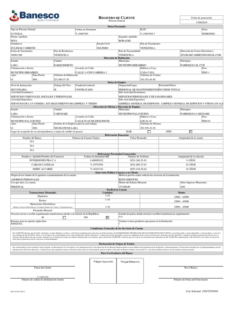 Planilla de Apertura de Cuenta Banesco | PDF