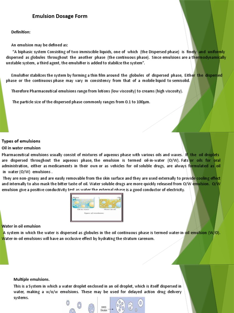 Emulsion Dosage Form Overview | PDF | Emulsion | Soft Matter