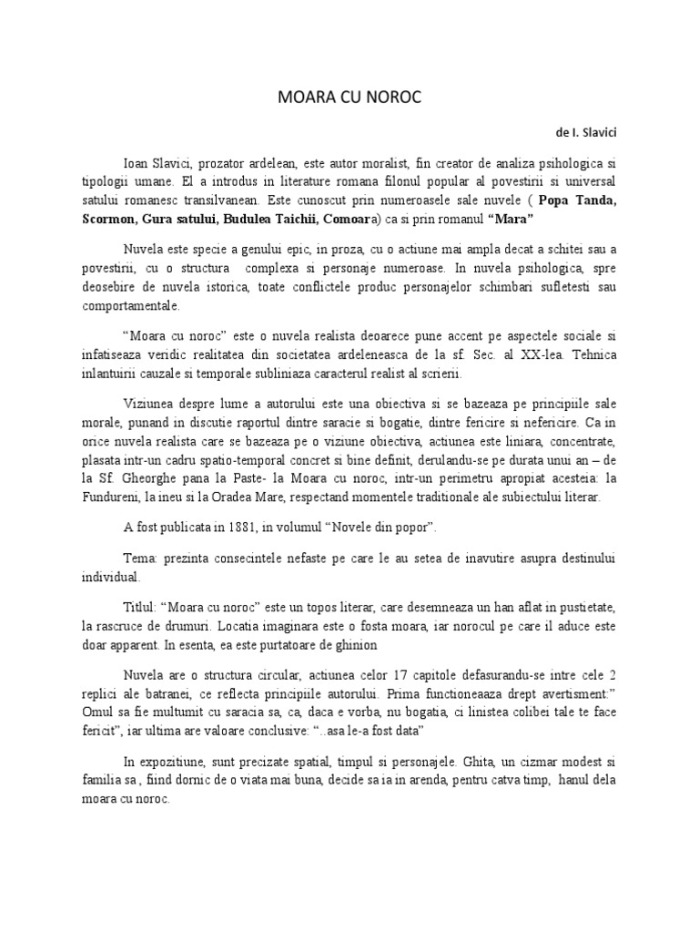 Relatia Incipit Final Moara Cu Noroc Moara Cu Noroc | PDF