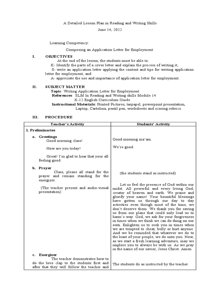 A Detailed Lesson Plan in Reading and Writing Skills PDF Lesson