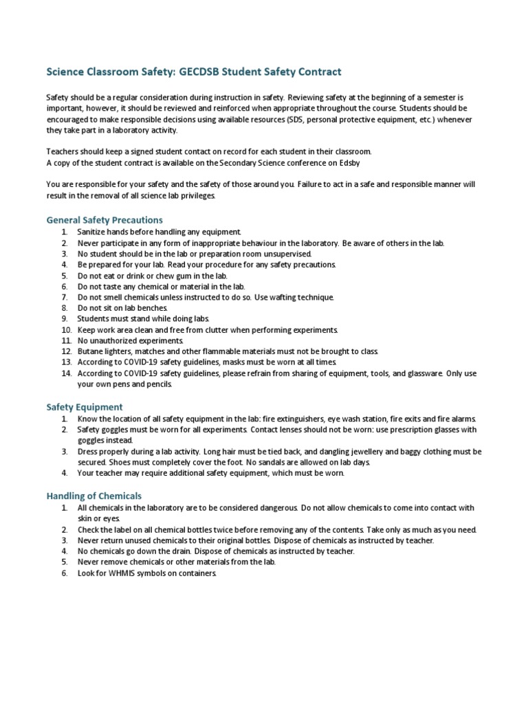 Science Classroom Safety Contract 2022 Fillable PDF 3 PDF