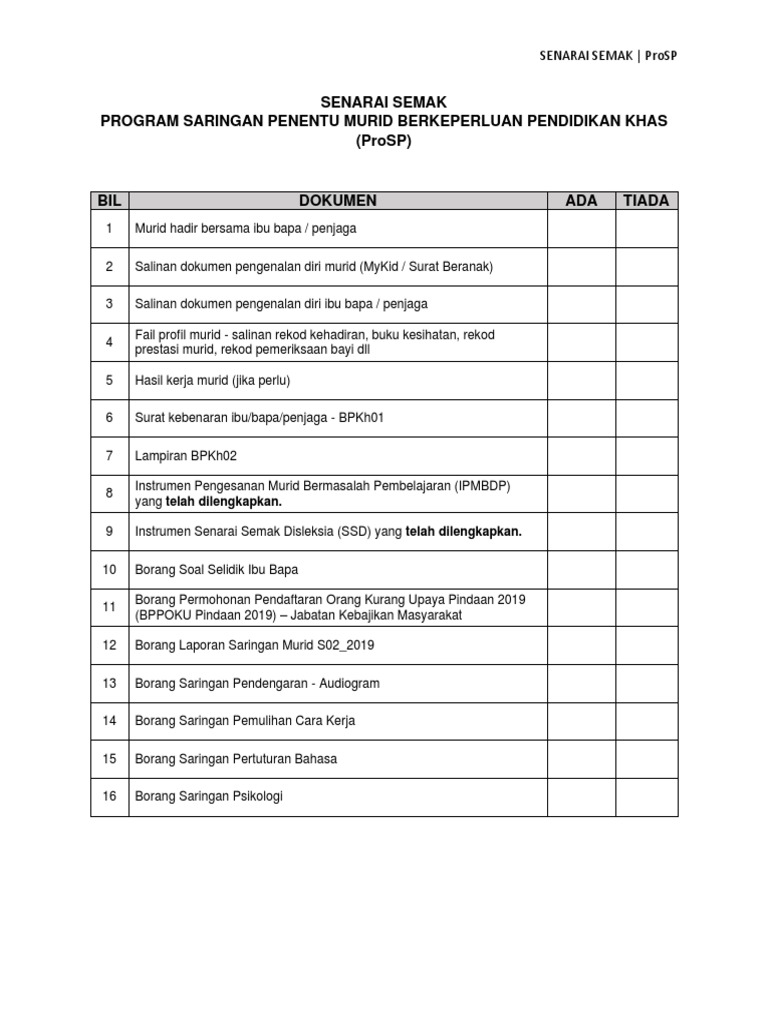 Senarai Semak ProSP Prasekolah | PDF | Kesehatan Holistik