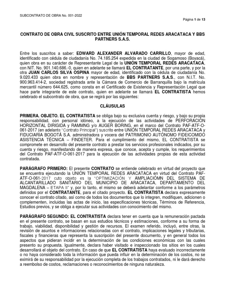 Subcontrato de Obra Civil 2022 | PDF | Póliza de seguros | Contratista ...