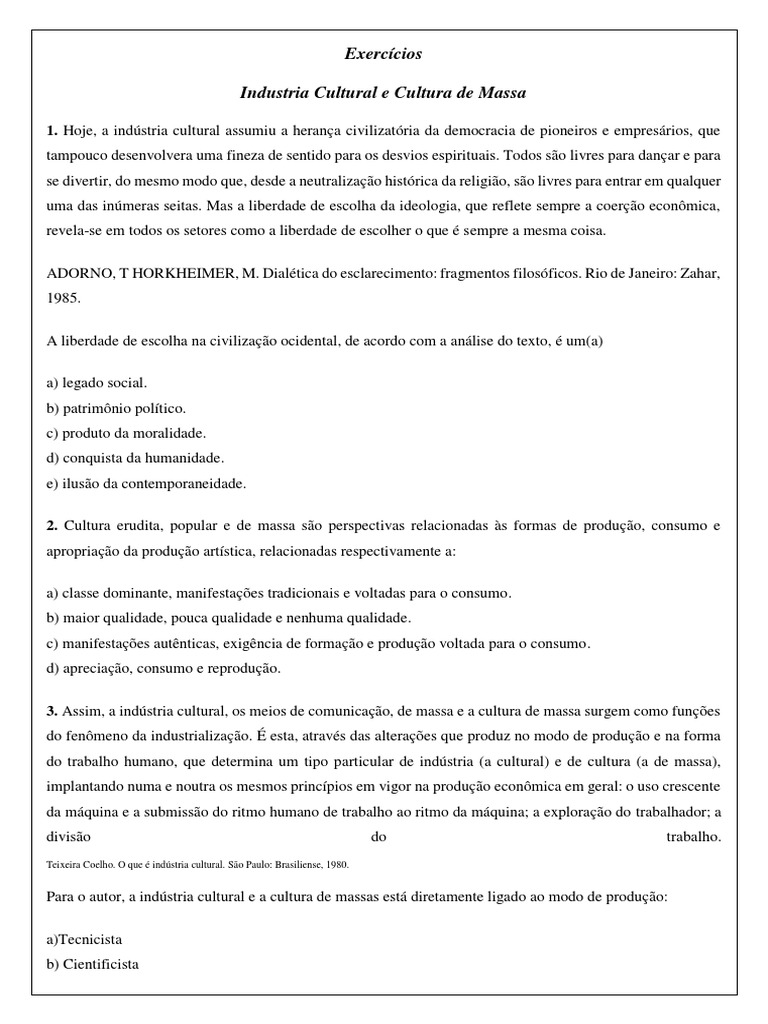 Exercícios sobre Indústria Cultural | PDF