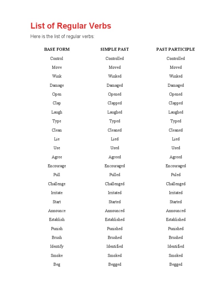List of Regular Verbs in English | PDF | Cooking, Food & Wine ...