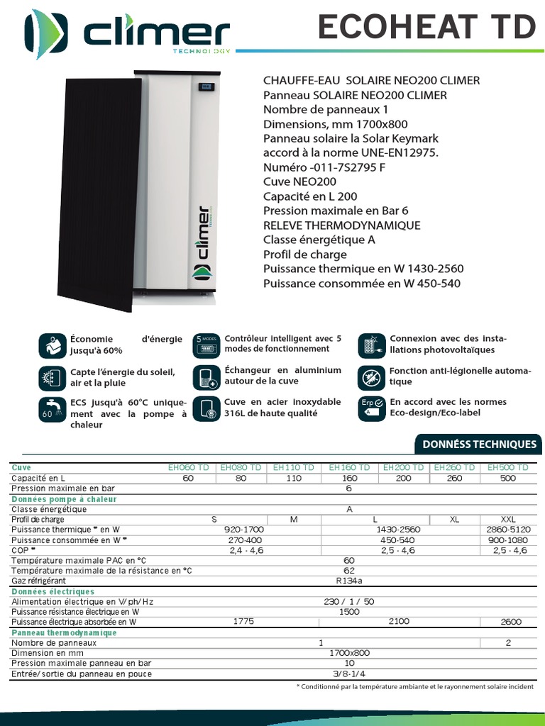 Chauffe-eau solaire Climer NEO200 | PDF | Pompe à chaleur | Écomobilité