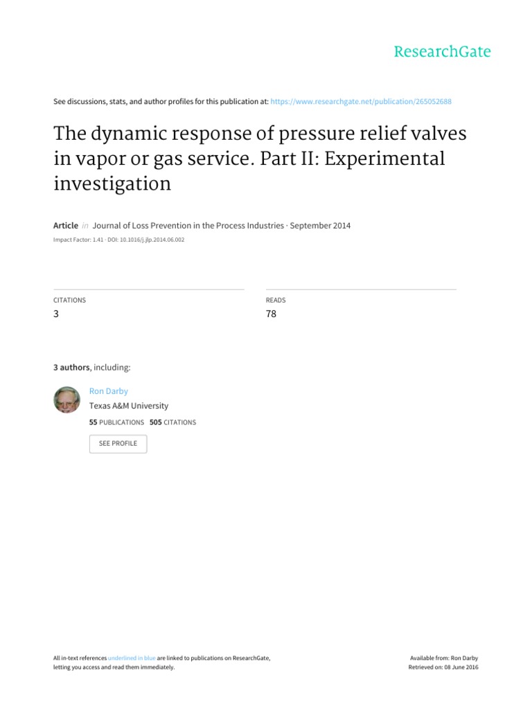 The Dynamic Response of Pressure Relief Valves in Vapor or Gas Service ...