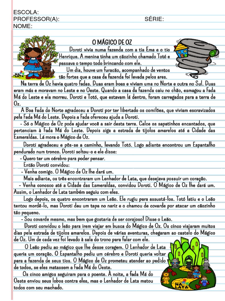 O Mágico de Oz - Atividade Diagnóstica - Colorida | PDF | O Maravilhoso  Mágico de Oz, image size:768x1024