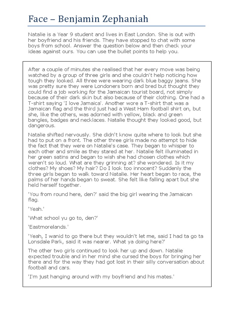 Exploring Texts Extract and Questions Face Benjamin Zephaniah PDF