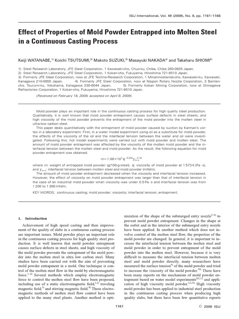 Effect of Properties of Mold Powder Entrapped Into Molten Steel in A ...