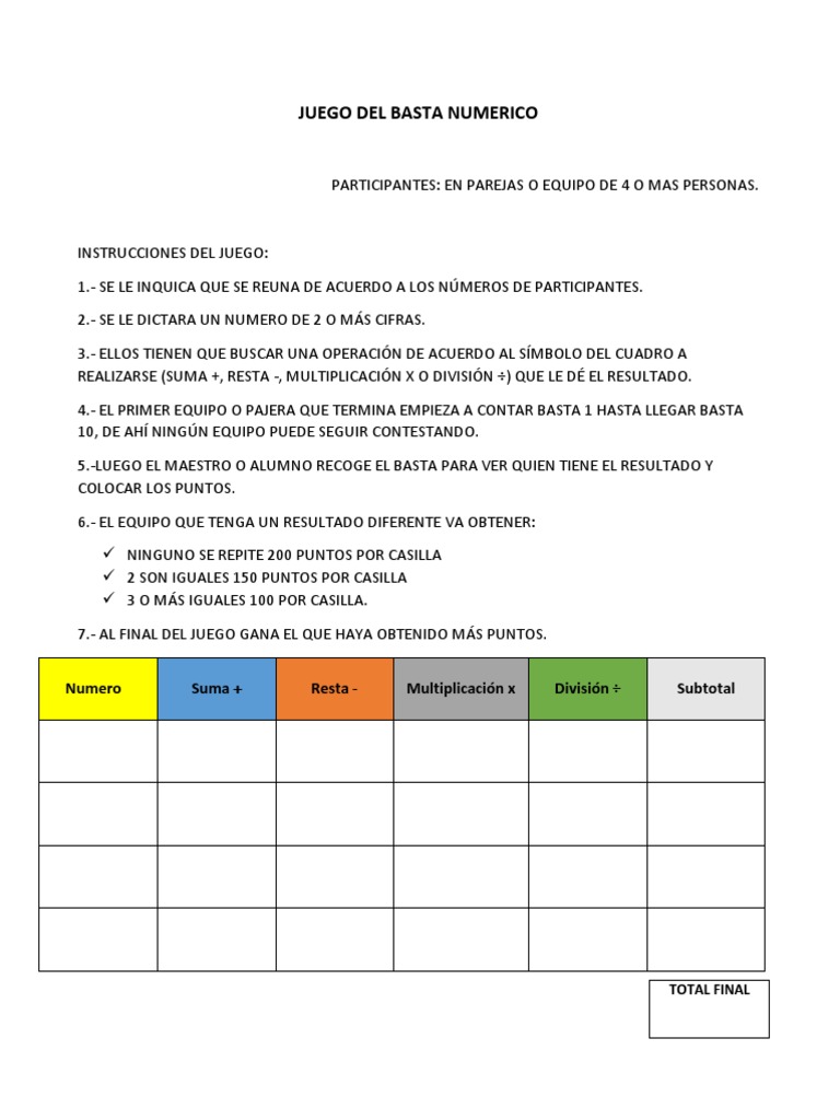 Juego Del Basta Numerico | PDF