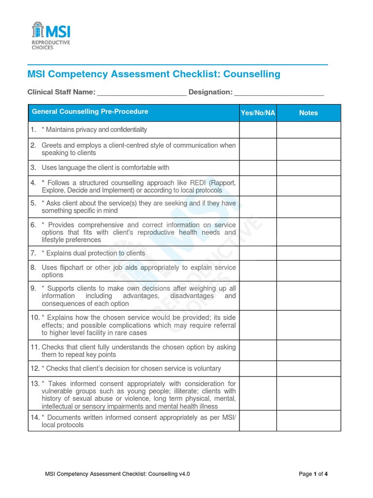 MSI Counselling Competency Checklist | PDF | Birth Control | Medical ...